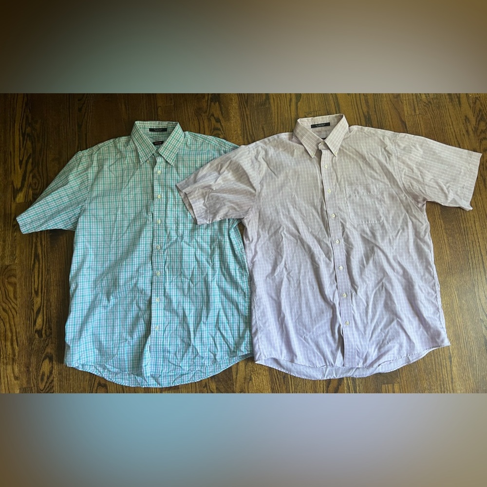 Overton Men’s short sleeve button down dress shirts L. 1 pink plaid 1 aqua plaid